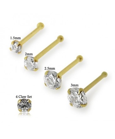 9ct Gold 4 Claw Set Cubic Zirconia Gem Nose Stud / Pin