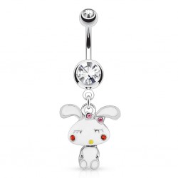 Surgical Steel Bunny Rabbit Drop / Dangle Belly / Navel Bar with Clear Gem