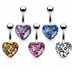 Surgical Steel Leopard Print Acrylic Heart Shaped Belly / Navel Bar