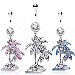 Surgical Steel CZ Gem Tropical Palm Coconut Tree / Dangle Belly / Navel Bar