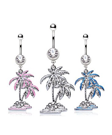 Surgical Steel CZ Gem Tropical Palm Coconut Tree / Dangle Belly / Navel Bar