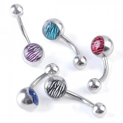Surgical Steel Belly / Navel Bar with Colour Zebra Tiger Print Ball