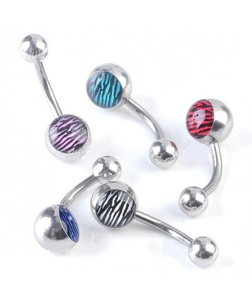 Surgical Steel Belly / Navel Bar with Colour Zebra Tiger Print Ball
