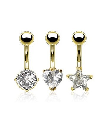 Pack of 3 Gold Plated Belly / Navel Bars with Heart / Star / Circle CZ Gem