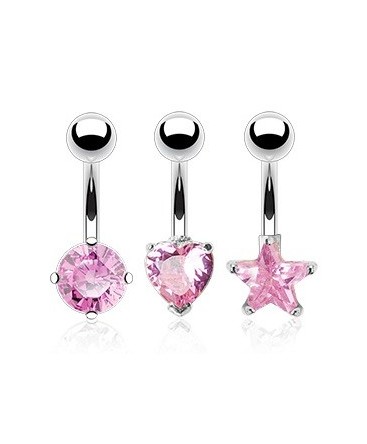 3 Pack Surgical Steel Belly / Navel Bars with Pink Gem Heart / Star / Circle
