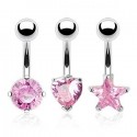 3 Pack Surgical Steel Belly / Navel Bars with Pink Gem Heart / Star / Circle