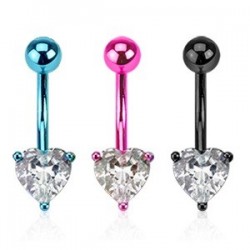 Pack of 3 Colour Plated Surgical Steel Gem Heart Belly / Navel Bars Black / Pink / Blue