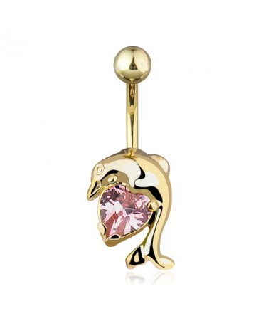 Gold Plated Dolphin Belly / Navel Bar with CZ Gem