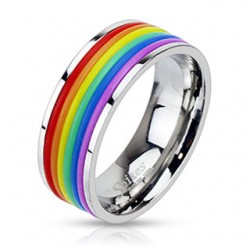Stainless Steel Rainbow Rubber Stripes Band Ring