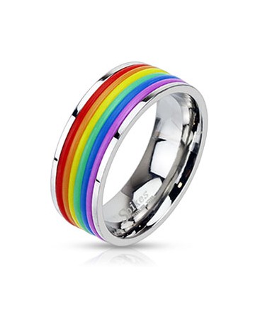 Unisex Stainless Steel Rainbow Rubber Stripes Band Ring