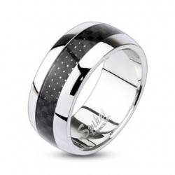 Stainless Steel Black Carbon Fiber Inlay Centre Dome Band Ring