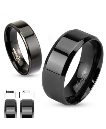 Black IP over Stainless Steel Beveled Edge Flat Band Ring