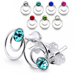 925 Sterling Silver Double Circle Stud Earrings with Coloured Gem