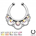 Clip-On / Fake Round Floral Design Septum Ring with CZ Gems