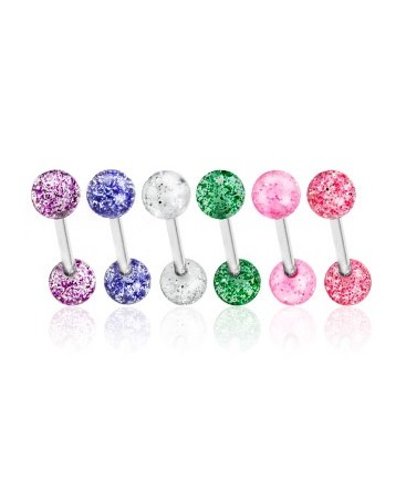6 Pack Surgical Steel Tongue Bars / Barbells with Acrylic Glitter Balls
