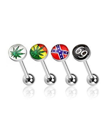 4 Pack Surgical Steel Cannabis Leaf / Rebel Flag / 69 Logo Tongue Bars with Epoxy Dome Ball
